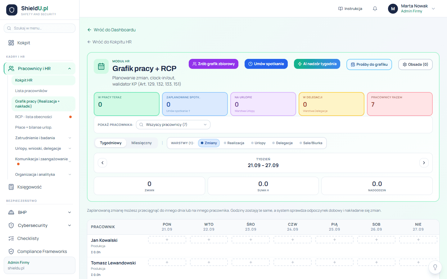 Ekran platformy shieldu.pl - Grafik pracy z walidatorem Kodeksu pracy