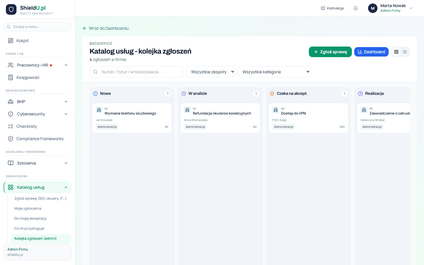 Ekran platformy shieldu.pl - Katalog usług