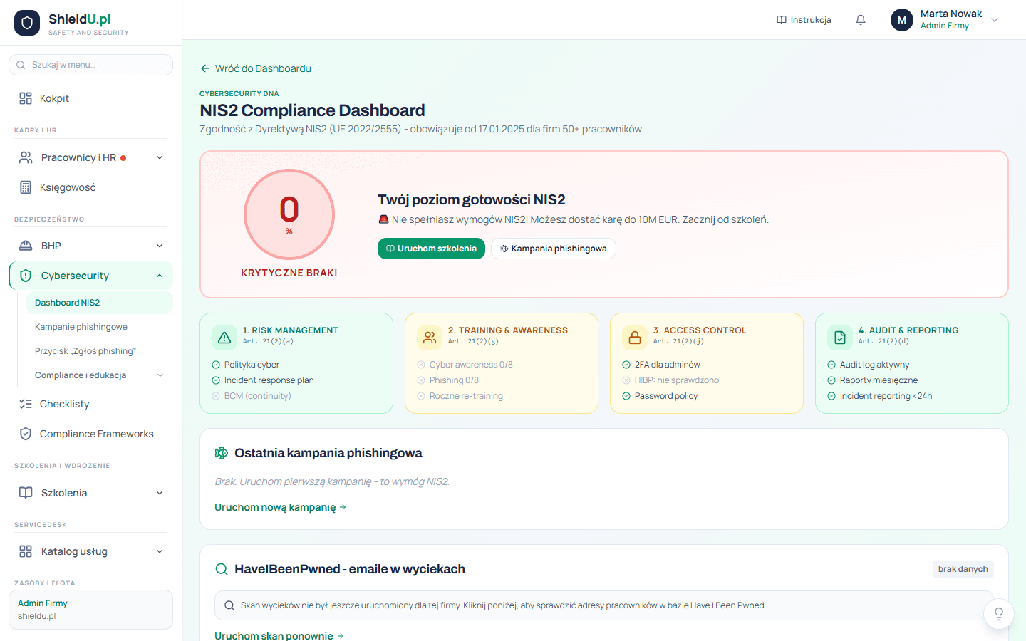 Ekran platformy shieldu.pl - Compliance NIS2