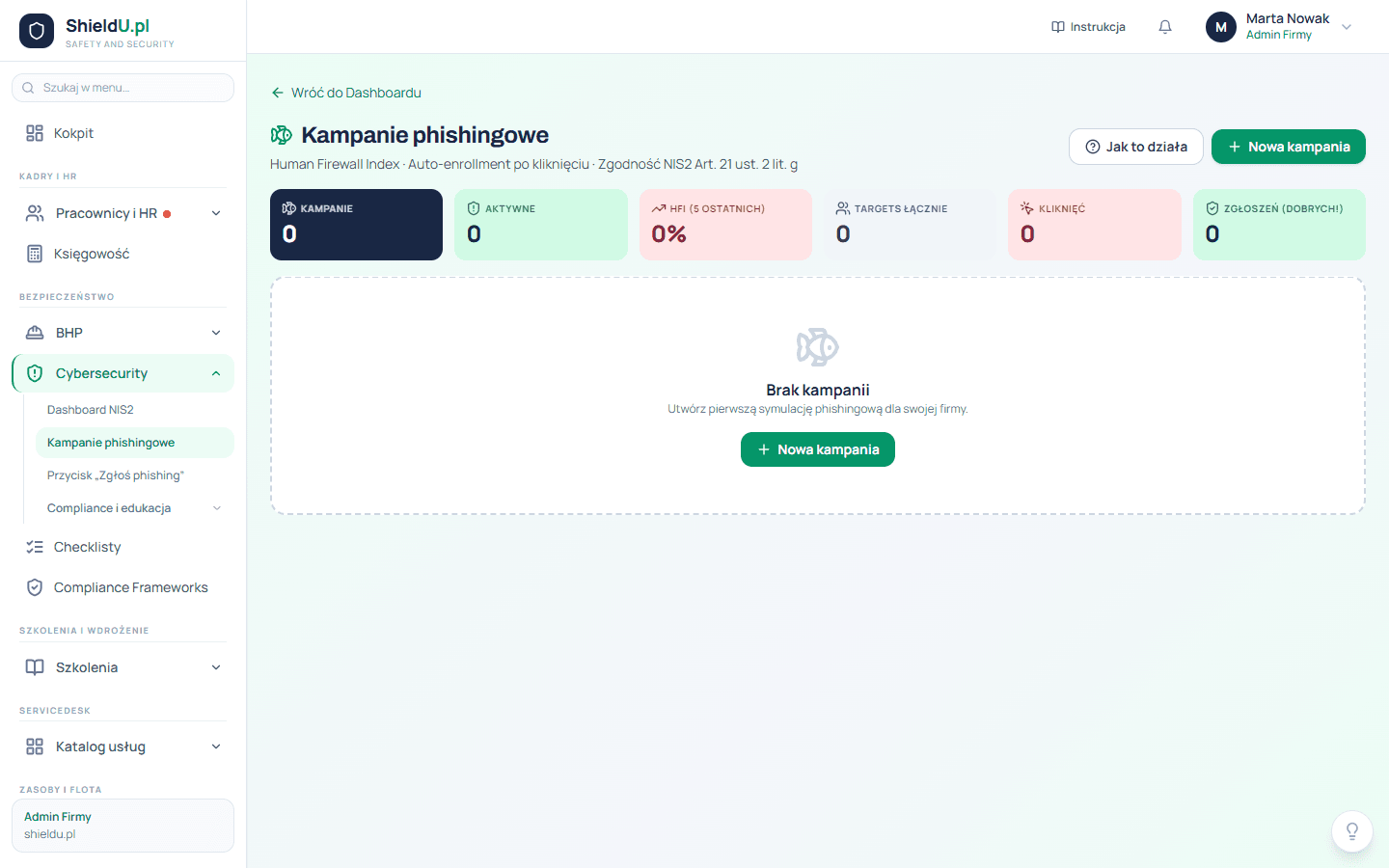 Ekran platformy shieldu.pl - Symulator phishingu
