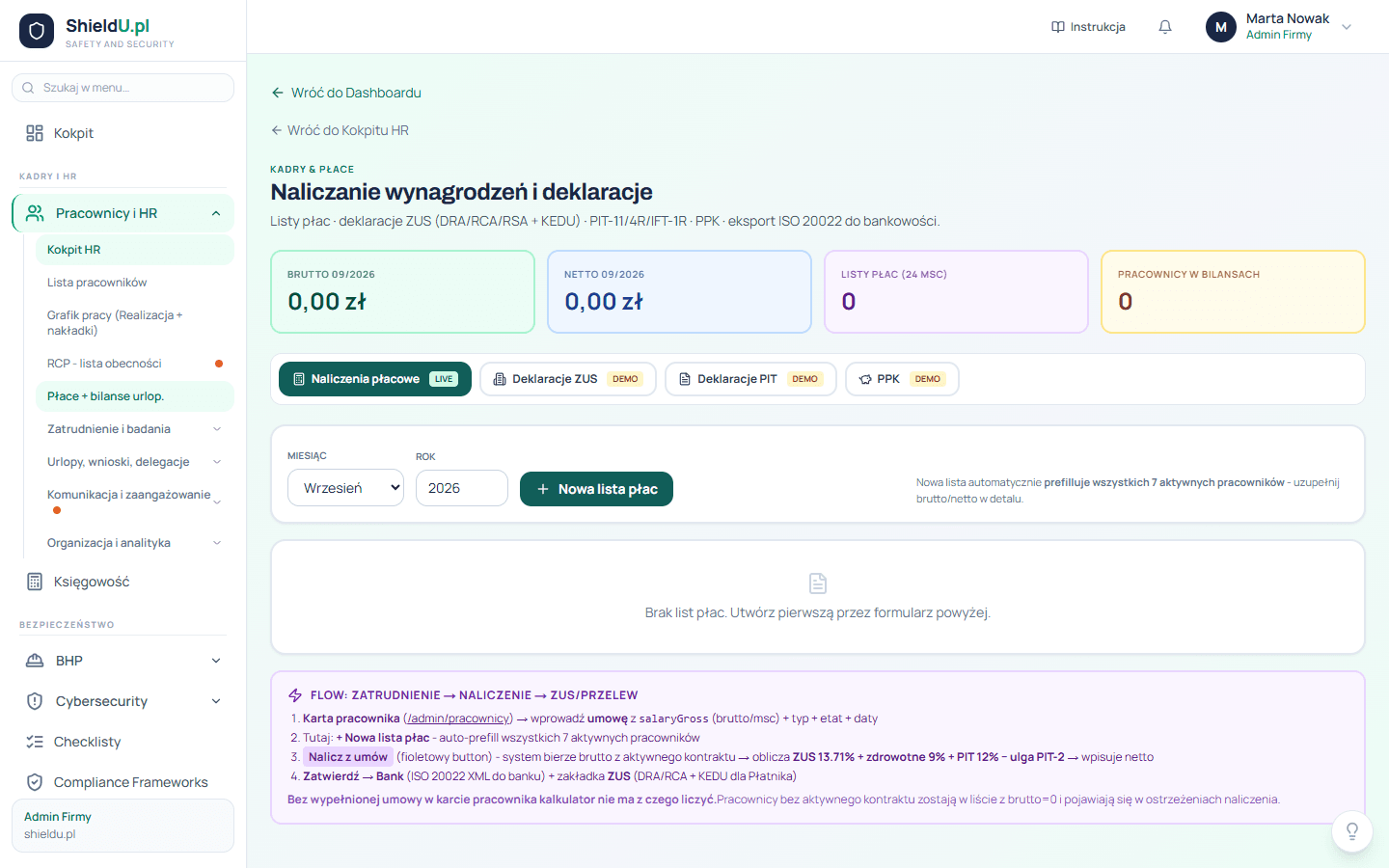 Ekran platformy shieldu.pl - Płace i kadry