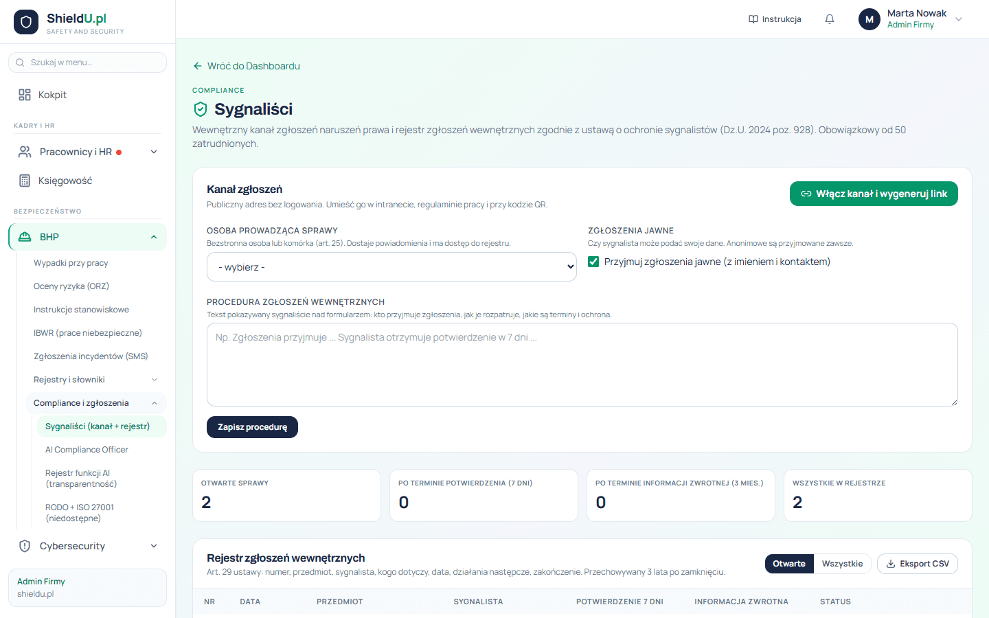 Ekran platformy shieldu.pl - System dla sygnalistów (whistleblowing)